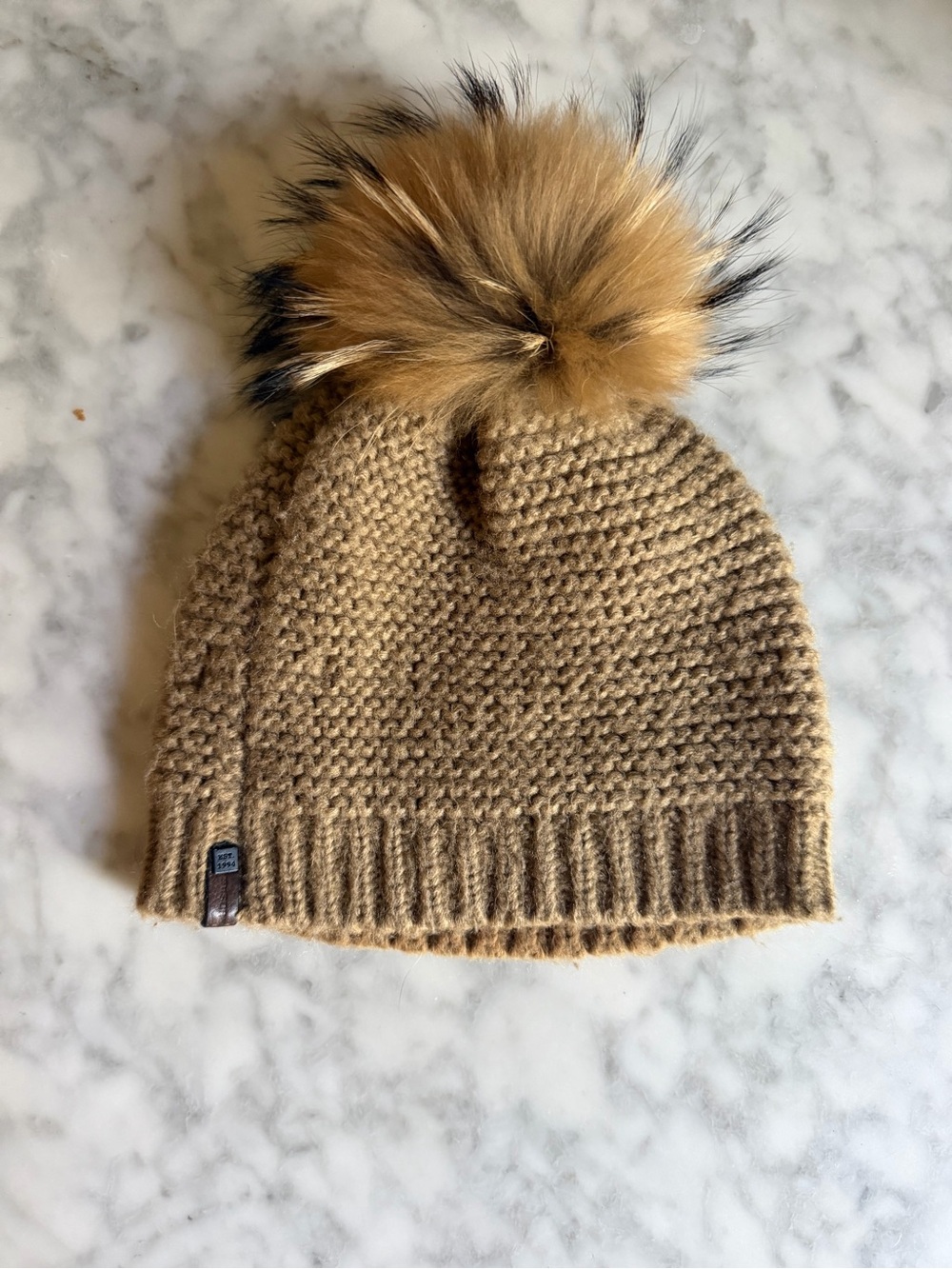 Rudsak Cozy Knit Beanie Hat 100% Genuine Fur Pom Pom